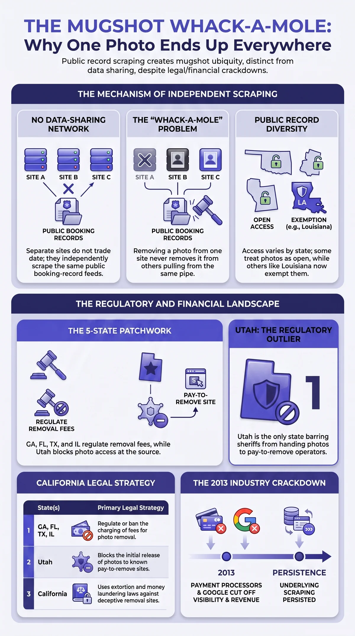 Infographic showing how mugshot sites independently scrape the same public booking-record feeds rather than sharing data, the five-state patchwork regulating removal fees, Utah's unique source-side restriction, and the 2013 crackdown by payment processors and Google